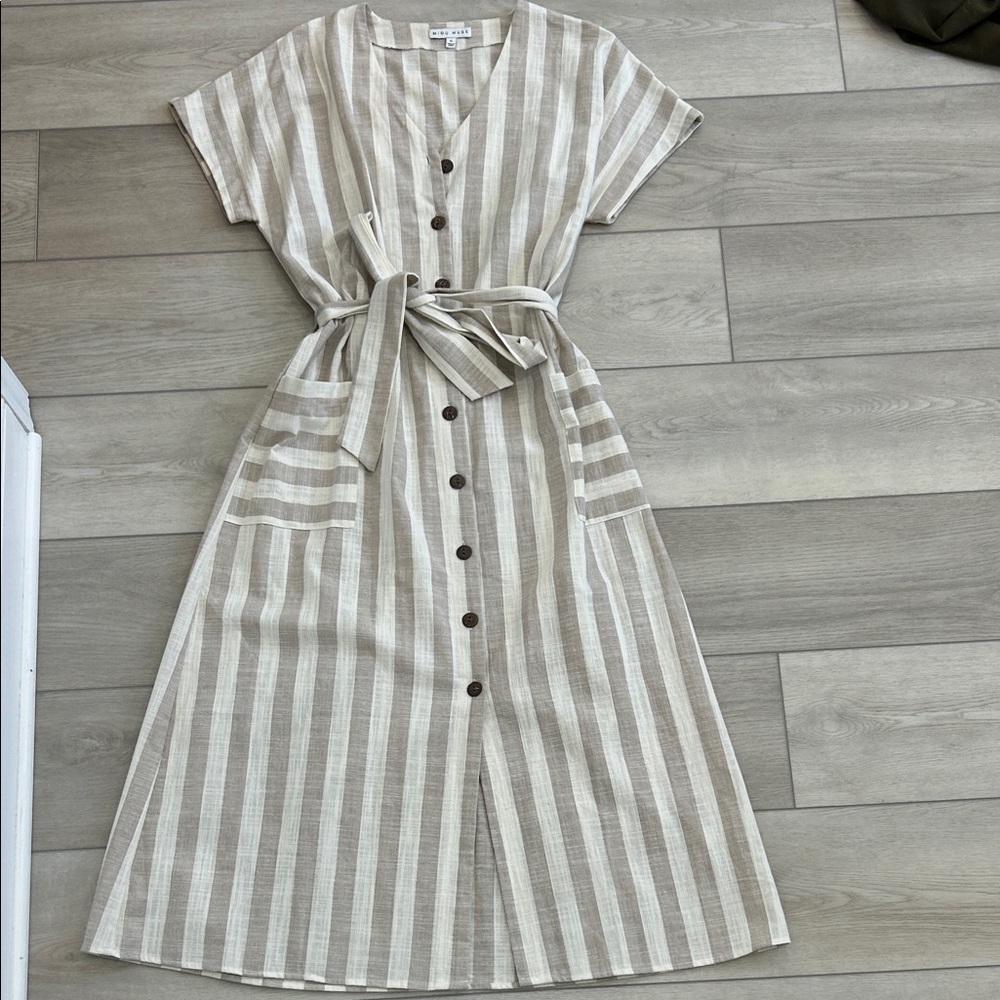 Elegant Beige Striped Midi Dress
